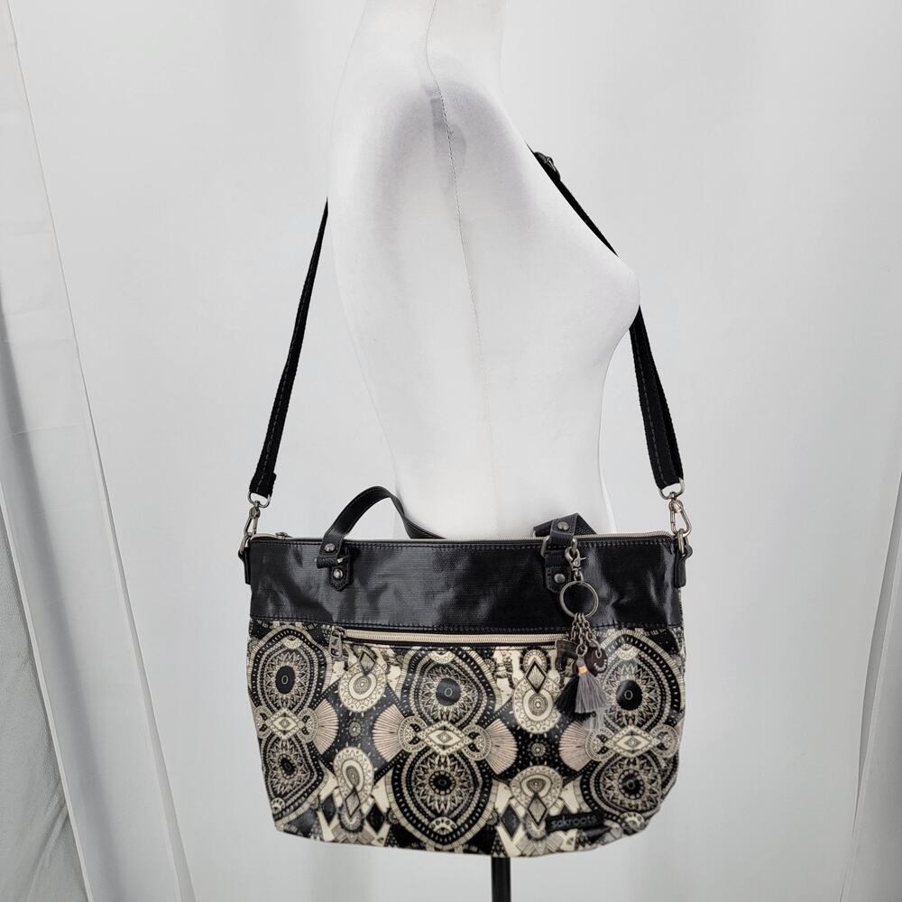 Sakroots Shoulder Bag Metro Tote Black Cream Ikat Geometric Boho